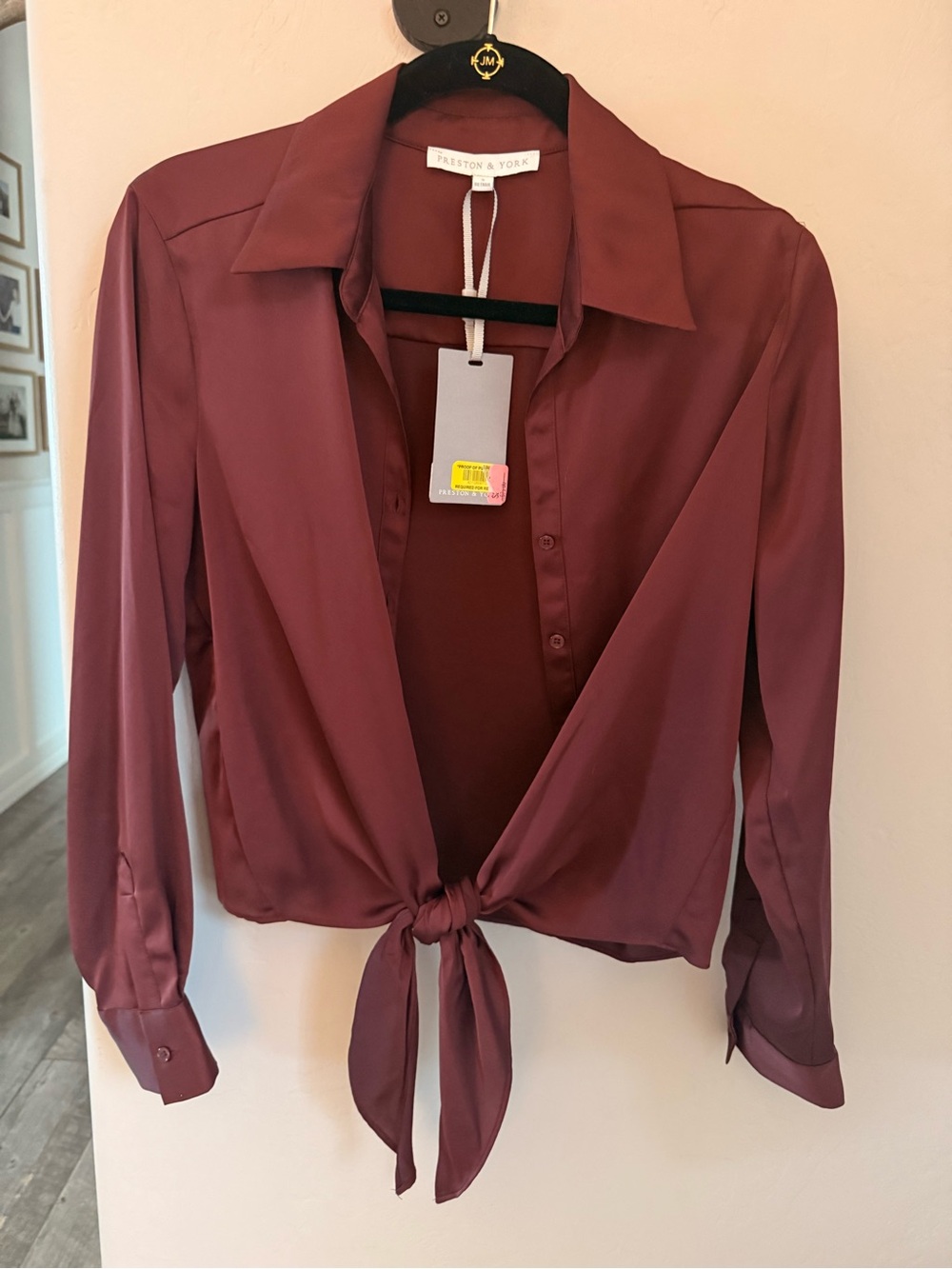 Preston & York Tie-Front Satin Button-Down Blouse - Wine